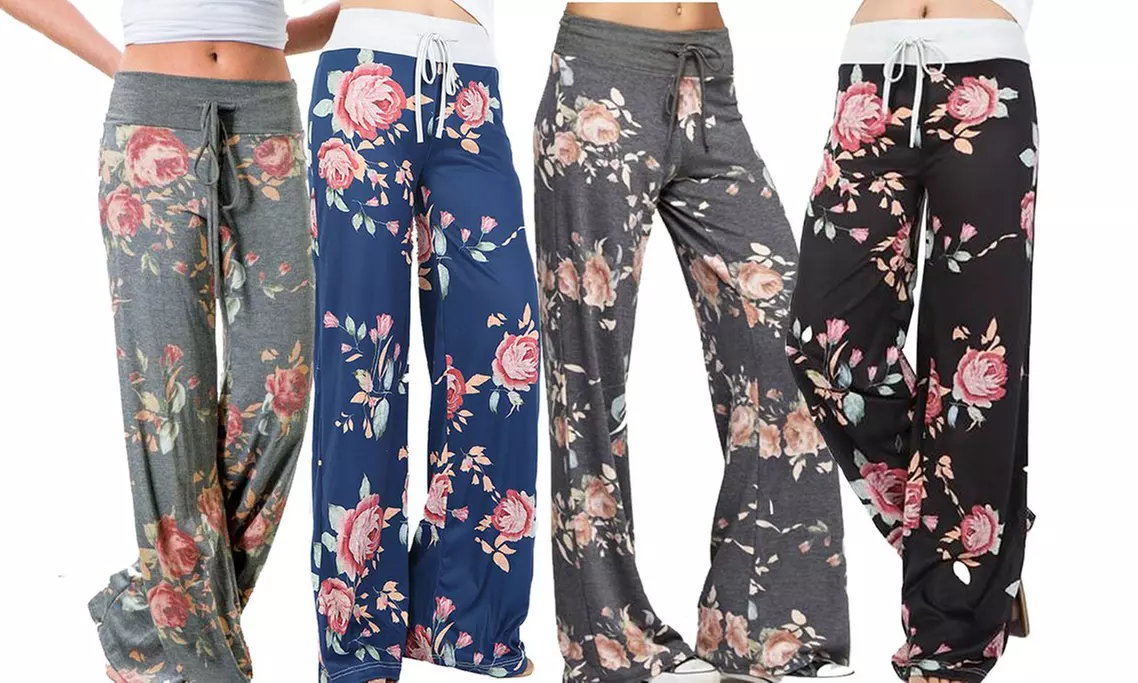 1 o 2 paia di pantaloni a gamba larga da donna con design floreale disponibili in 4 colori e 2 taglie - Primary Image