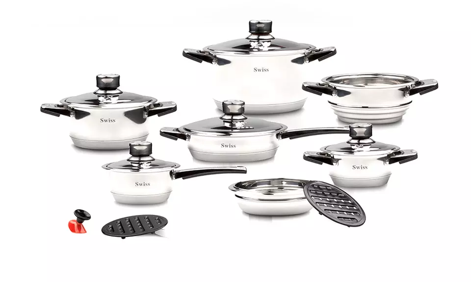 Swiss Zurich 16-tlg Edelstahl Kochgeschirrset mit 8-schichtigen Kapselboden und praktischem Ausschüttrand - Second Medium