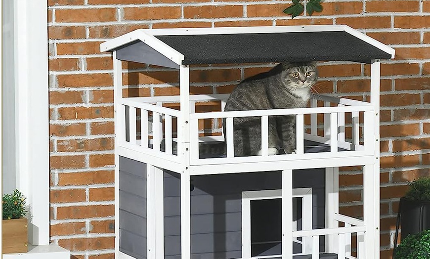 Image 4: Wooden Outdoor Three-Tiered Cat House