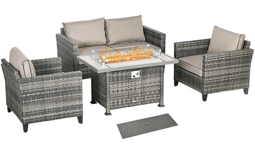 Image 2: Outsunny 5-Piece Rattan-Effect Furniture Set with Gas Fire Pit Table