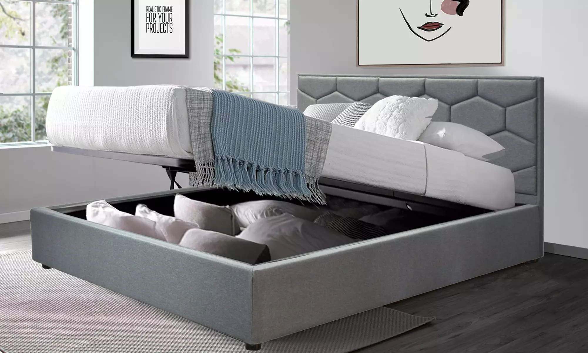 Lit coffre "Manhattan" avec un grand espace de rangement et tête de lit, matelas en option, Sampur, livraison offerte - Primary Image