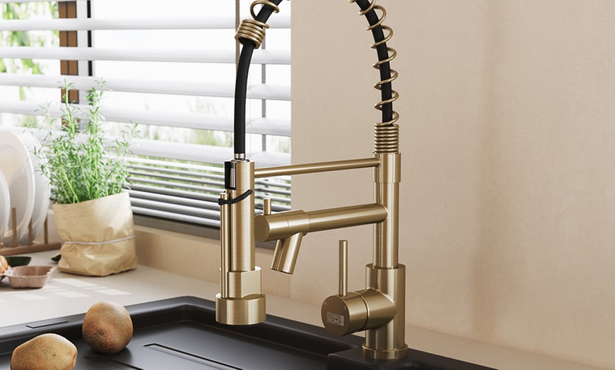 Image 2: Brushed Gold Stainless Steel Kitchen Faucet with Pull Down Spring 