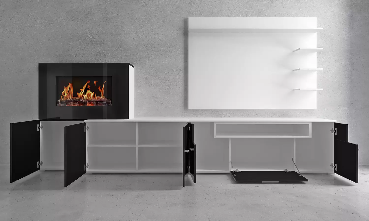 Meuble salon "Olympo" avec cheminée électrique à 5 niveaux de flamme