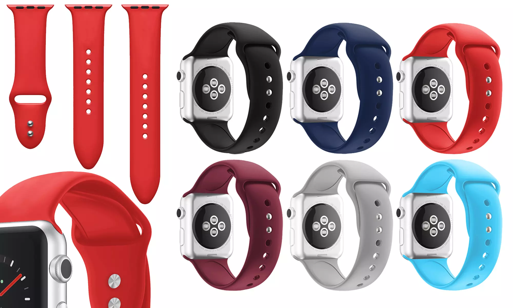 WalvoDesign Smooth Soft Solid Color Silicone Bendable Replacement Strap Band for Apple Watch 1, 2, 3, 4 & 5 (3-Pack) - Primary Image