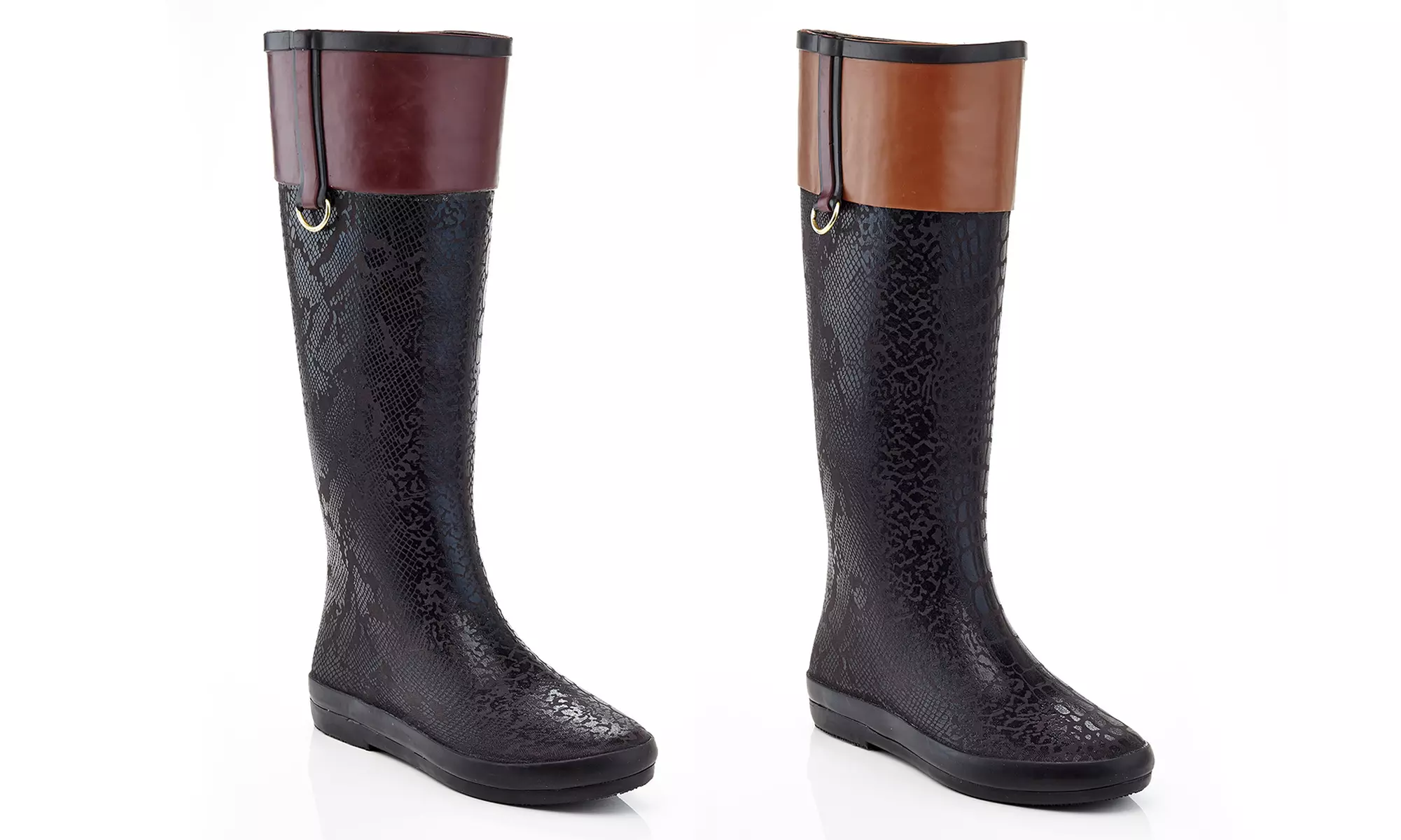 Women's Knee-High Pull-On Croco-Embossed Two-Tone Riding Rain Boots - Primary Image