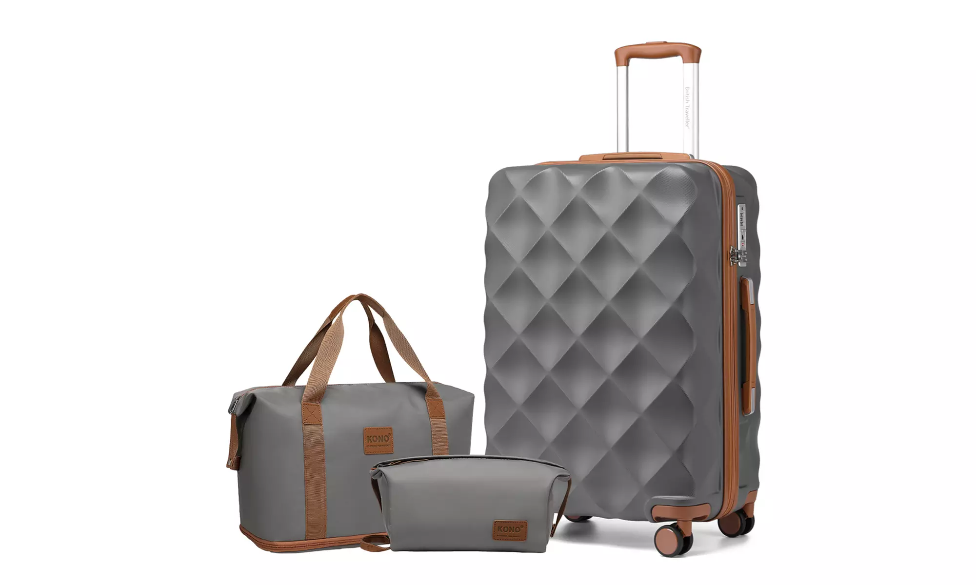 Set van 1, 2 of 4 grijze koffers met reistas en toilettas
