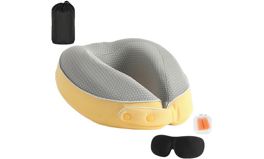 Image 5: Memory Foam Travel Neck Pillow Set, Includes Mask and Earplugs