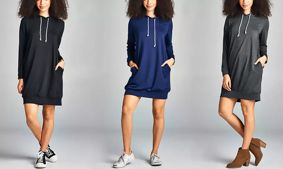 Women's Hooded Sweatshirt Dress with Pocket - Primary Image