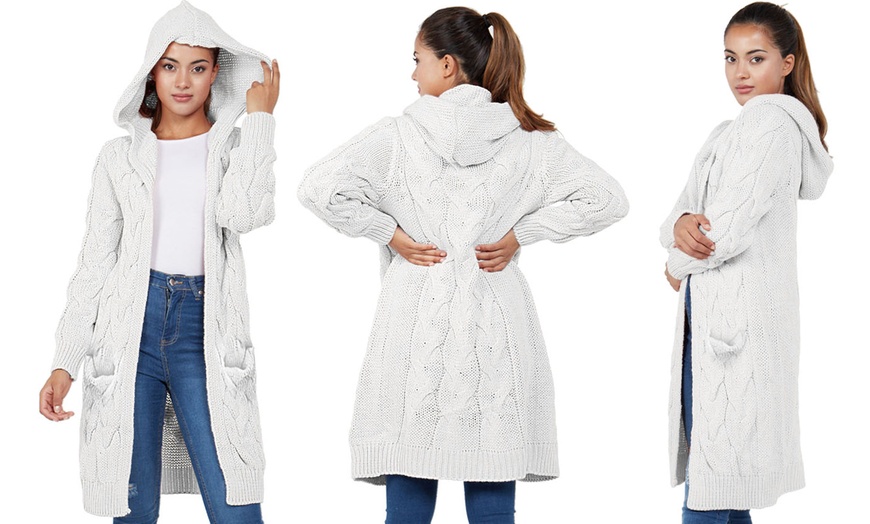 Image 5: Cable Chunky Knit Open Front Hooded Cardigan