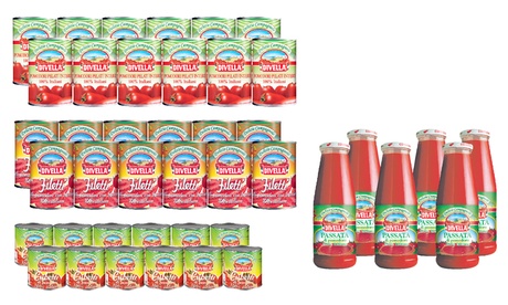 6 o 12 bottiglie o barattoli di passata o pomodori pelati Divella, disponibili in vari formati