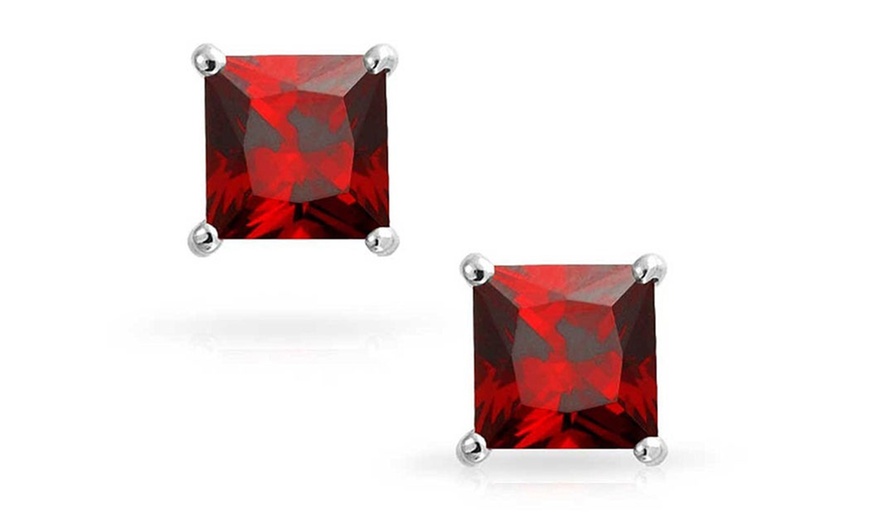 Image 3: Paris Jewelry White Gold Plated 4 Ct Princess Red Garnet Stud Earrings