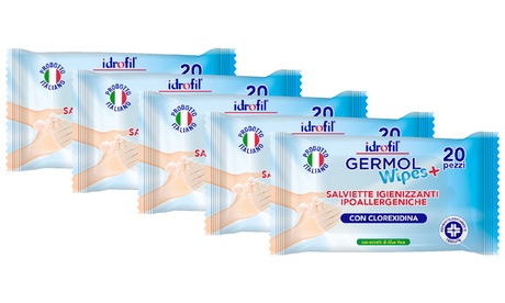 100 o 200 salviette igienizzanti Germol Wipes Idrofil con estratto di aloe vera e clorexidina