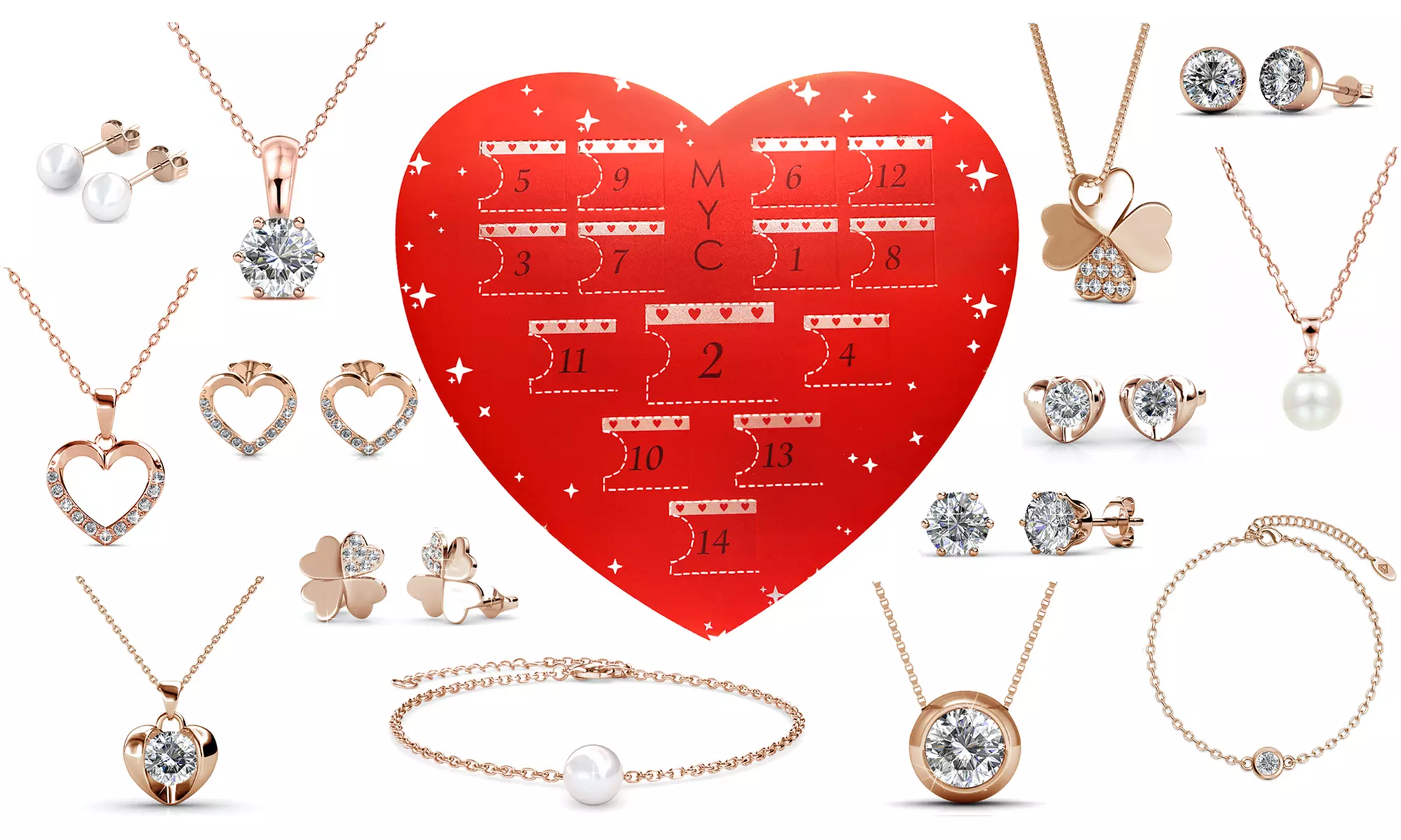 Calendrier Saint Valentin coffret cœur avec 14 bijoux, coloris au choix - Primary Image