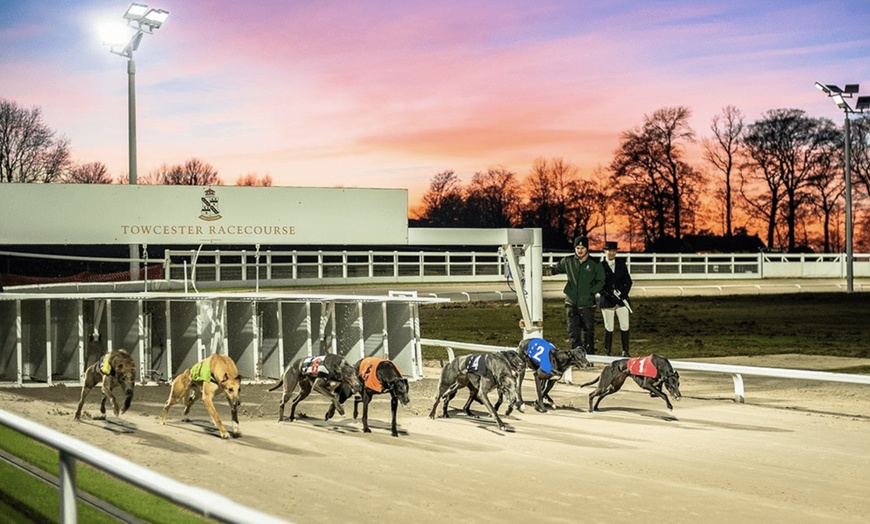 Image 2: Dog Race Entry and Meal with Drink at Towcester Racecourse