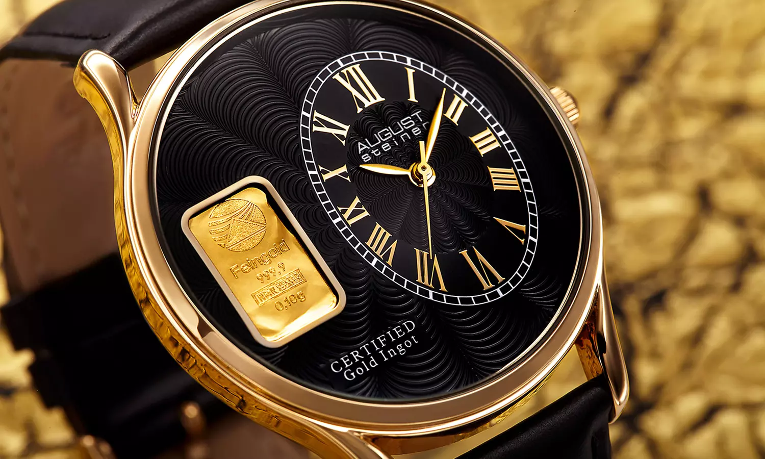 August Steiner Men's Quartz Watch with Leather Strap and Gold Ingot - Primary Image