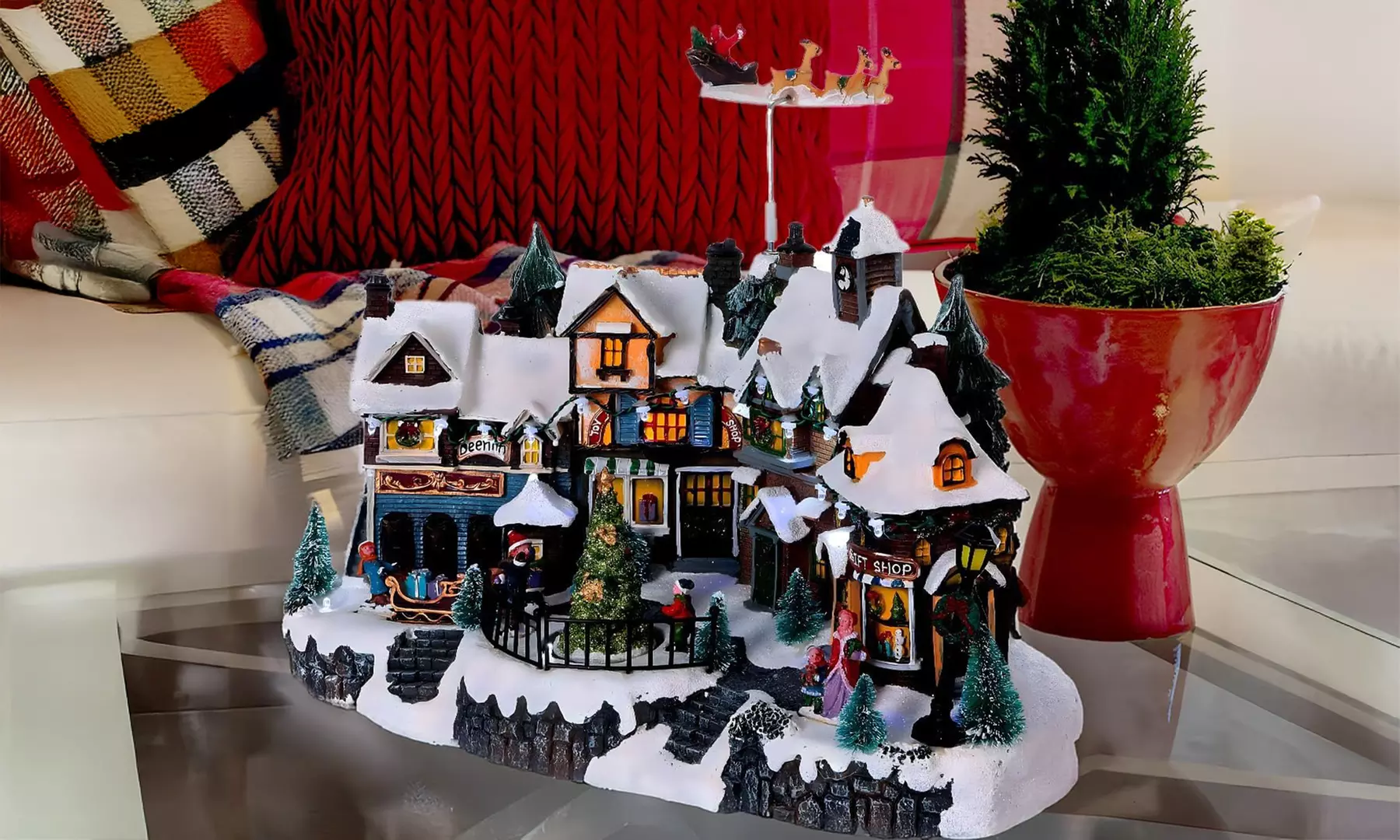 Weihnachtliche Szene mit Musik und Beleuchtung