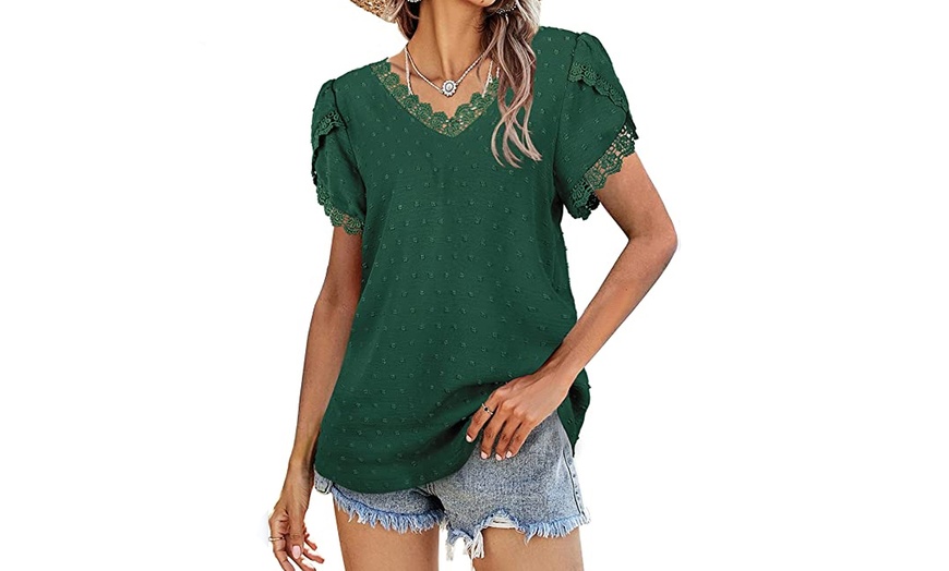 Image 5: Women's V-Neck Lace Petal Sleeve Dot T-Shirt