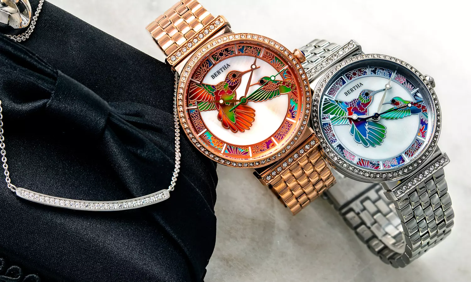 Bertha Emily Hummingbird Engraved Mother-Of-Pearl Watch with Free Necklace - Primary Image