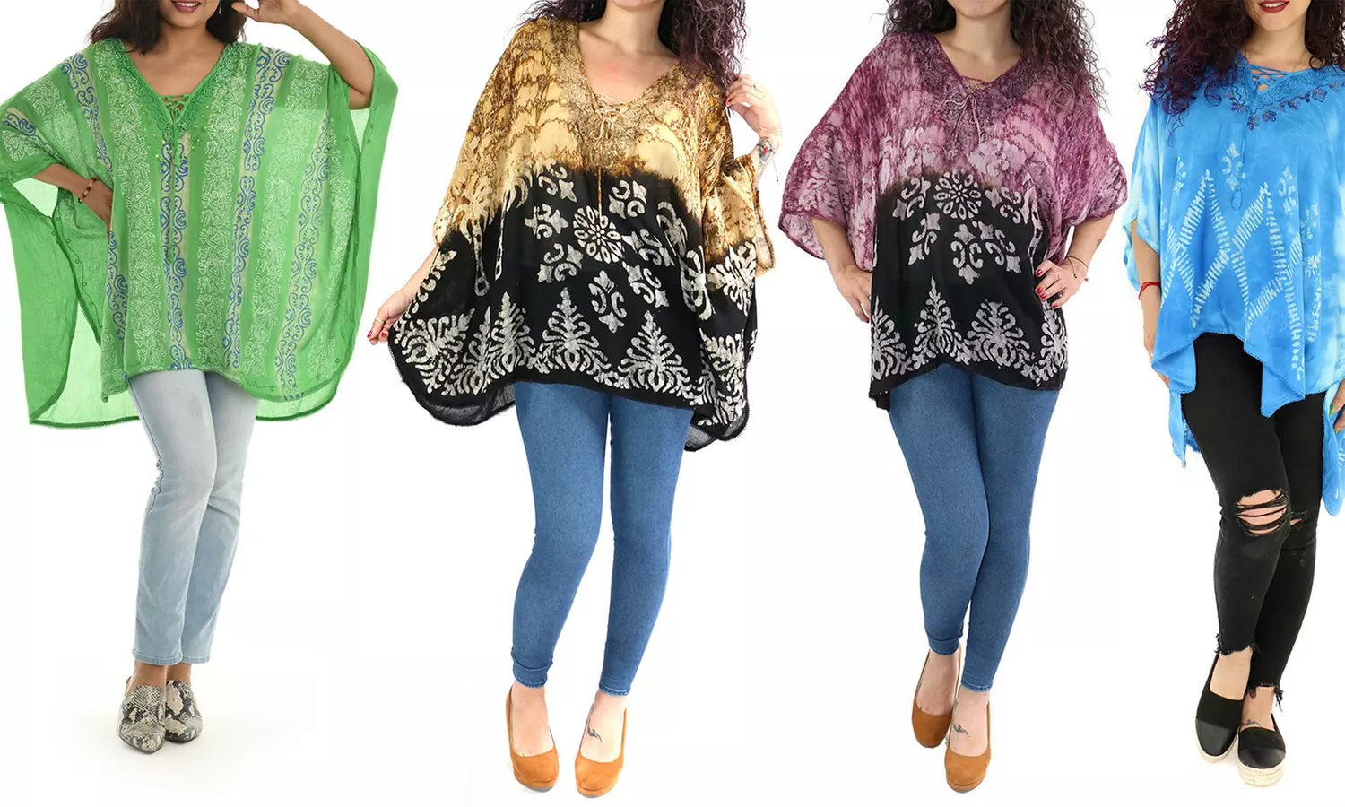 Shoreline Tie Dye Embroidered Poncho Tunic With Front Tie. Plus Sizes Available. - Primary Image