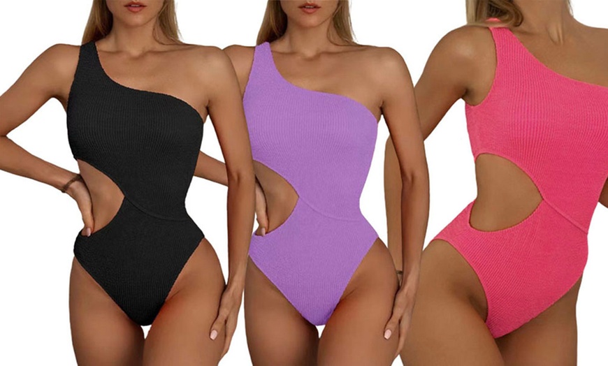 Image 1: One-Shoulder Cut-Out One-Piece Swimsuit