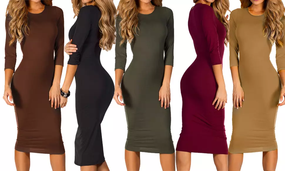Women's 3/4-Sleeve Midi Bodycon Dress - Plus-Sizes Included - Primary Image