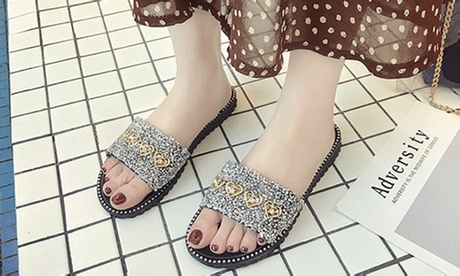 Mules plates à paillettes et cœurs, pour femme