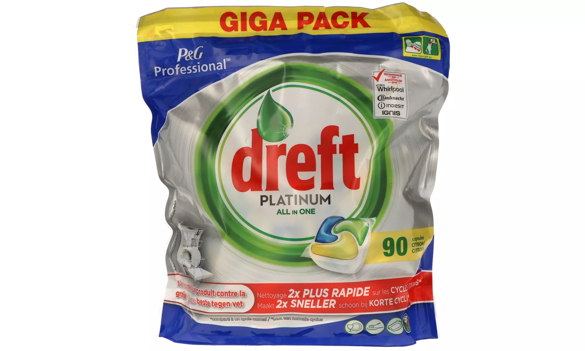 90, 240 ou 540 tablettes Platinum All in One Dreft citron ou regular pour lave-vaisselle - Second Medium