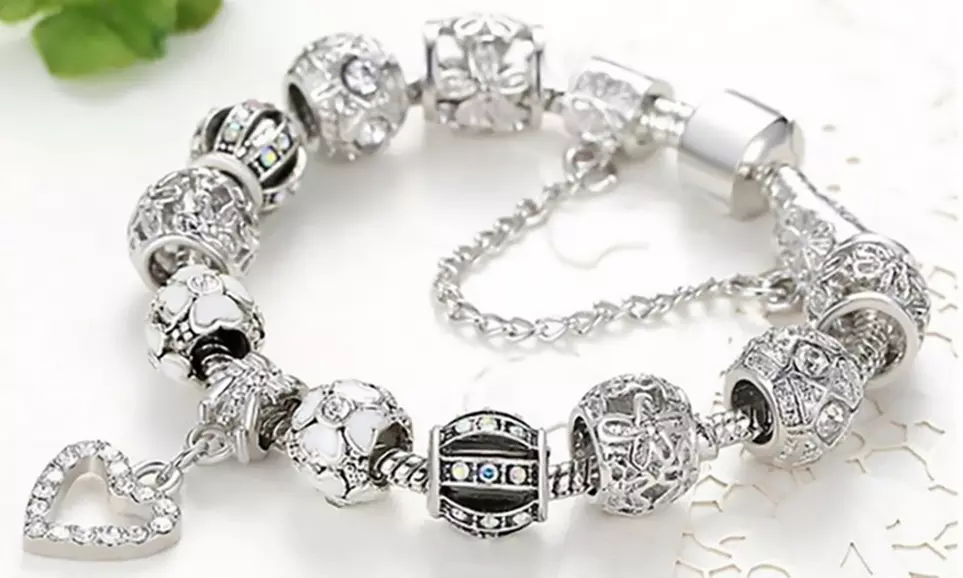 18K White Gold Plated Crystal Heart Charm Bracelet Made with Swarovski Elements - Primary Image