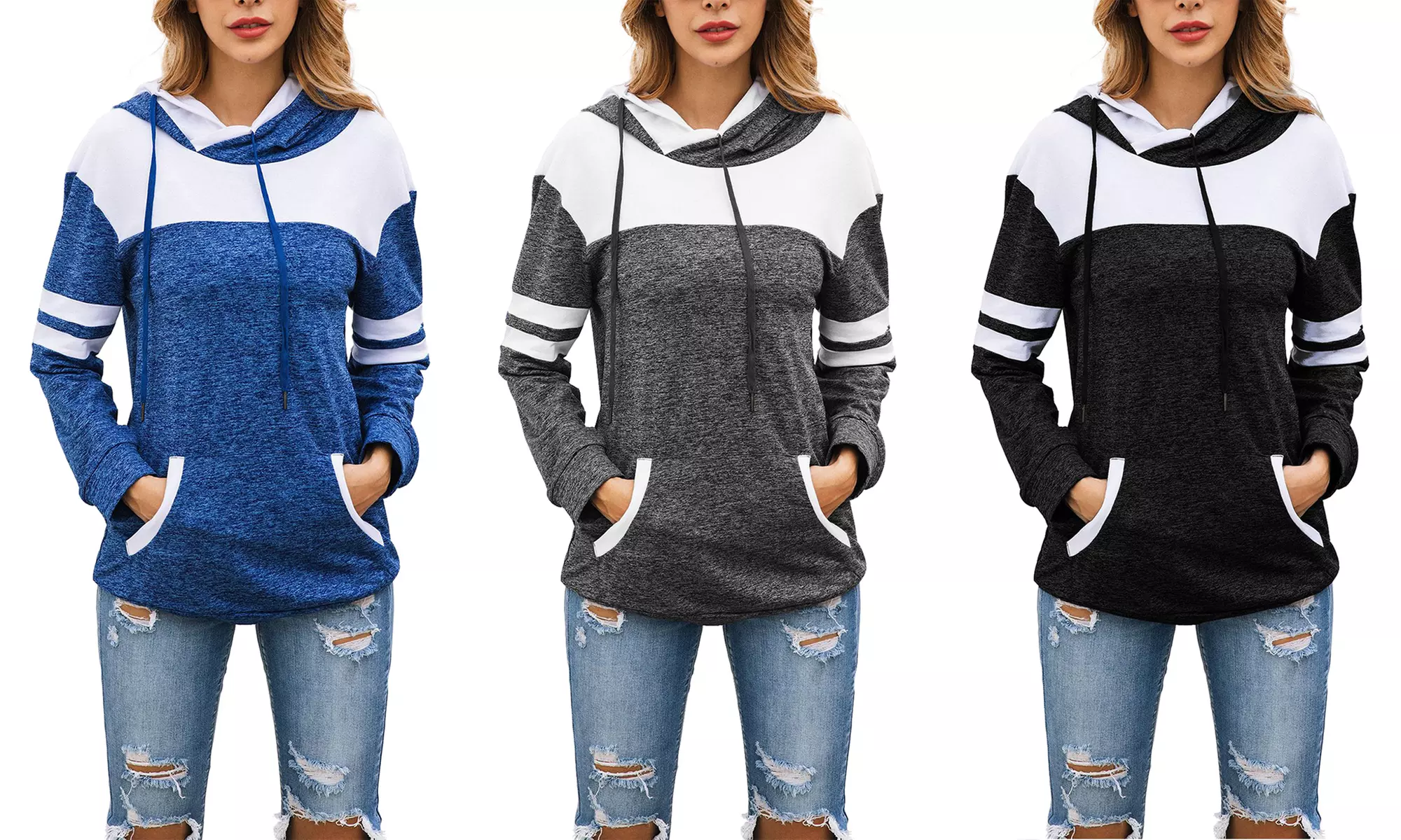 Lilly Posh Women's Long Sleeve Heathered Two-Tone Hoodie with Pockets - Primary Image