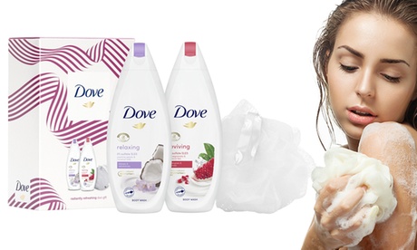 Set regalo Dove Radiantly Refreshing con 2 bagno schiuma e spugna da bagno