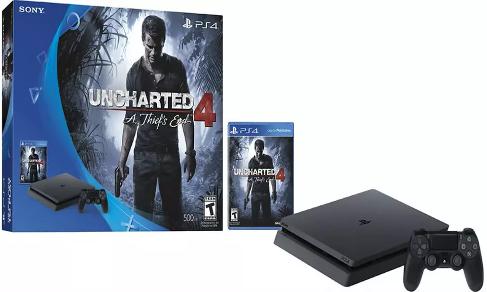 Sony PlayStation 4 Slim Game Console with DualShock 4 Controller and Uncharted 4 - Primary Image