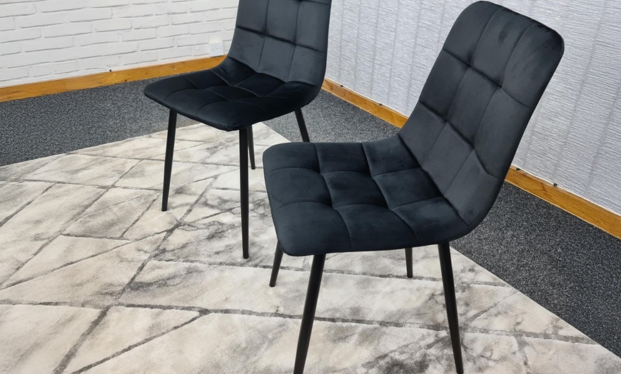 Image 3: Arrow-Design Wooden Dining Set with Velvet Chairs and Bench