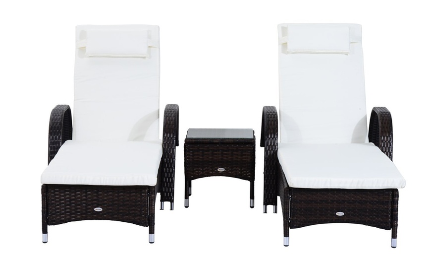 Image 2: Outsunny Set of Two Sun Loungers with Cushions and a Table