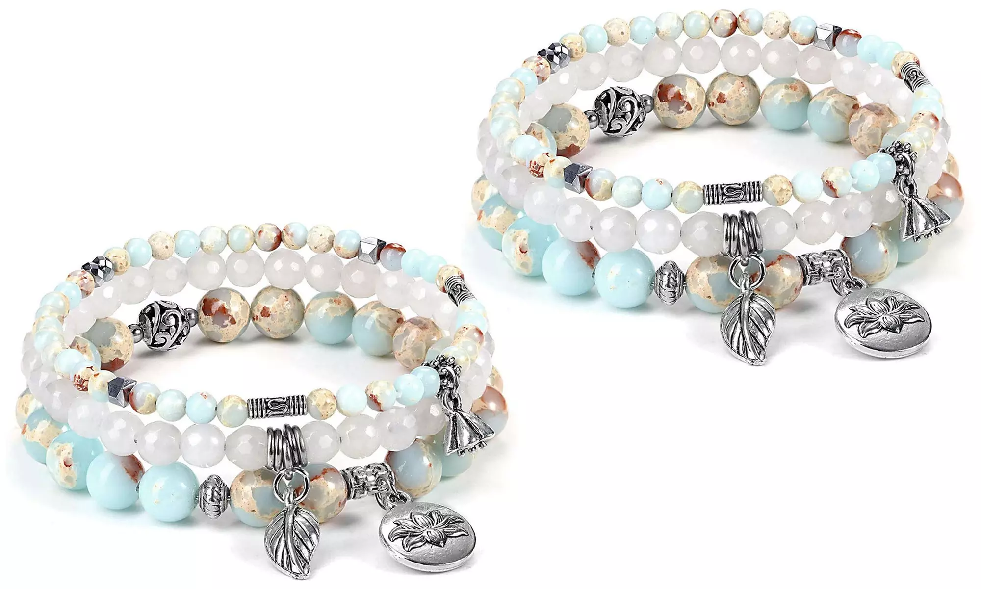 1x oder 2x 3er-Set Schmuckstein-Armbänder mit Blatt-Anhängern