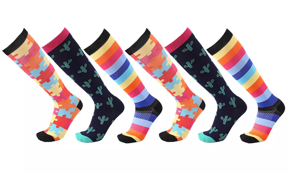One, Two or Four Pairs of Unisex Fashion Bright Pattern Knee-High Compression Socks - Primary Image