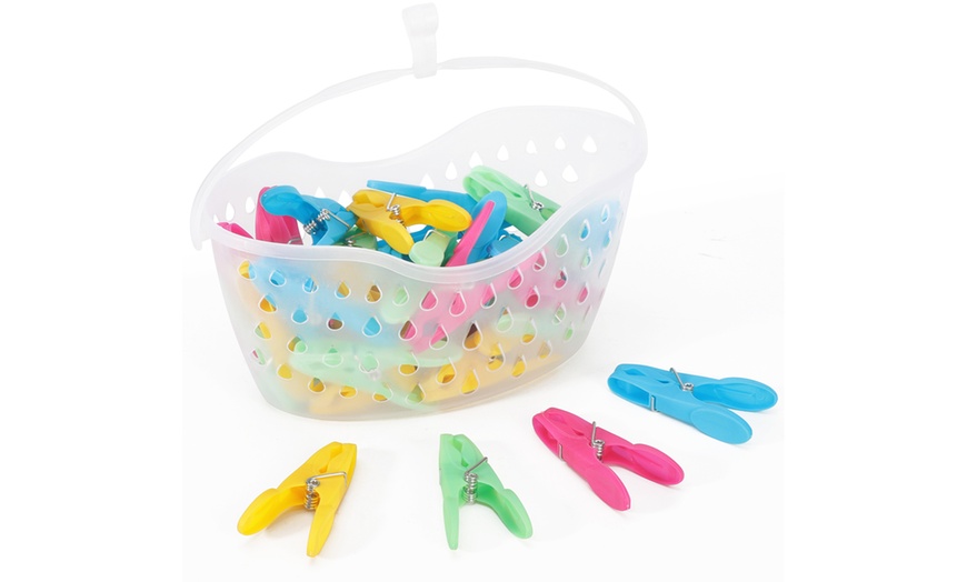 Image 1: Plastic Clothes Peg Basket 36 Piece Set Multicoloured