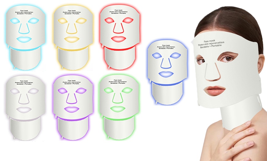 Image 1: Seven Coloured Light Therapy LED Face Neck Mask with Remote Control