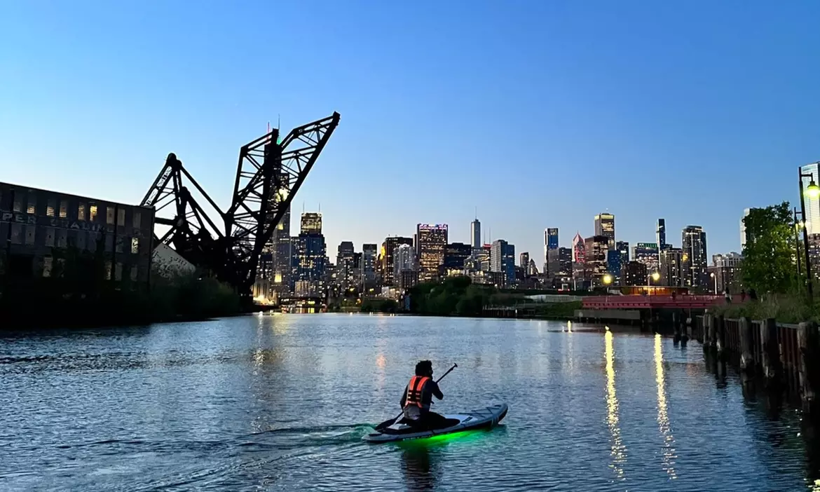 Embark on a Neon-Lit Motorized Paddleboard Night Tour on the Chicago River with Neon Paddle (Up to 18% Off) - Primary Image