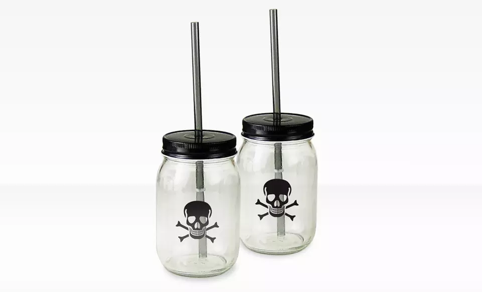 Set of Glass Mason Jars with Skull-and-Crossbones Design. Free Returns. - Second Medium
