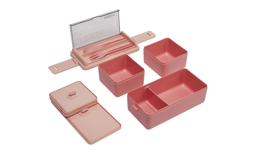 Image 5: Dual-Layer Plastic Bento Lunch Box with Cutlery