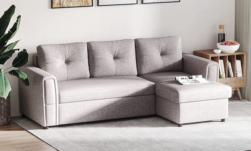 Image 4: HomCom L-Shaped Sofa Bed in Stylish Grey Linen-Look Upholstery