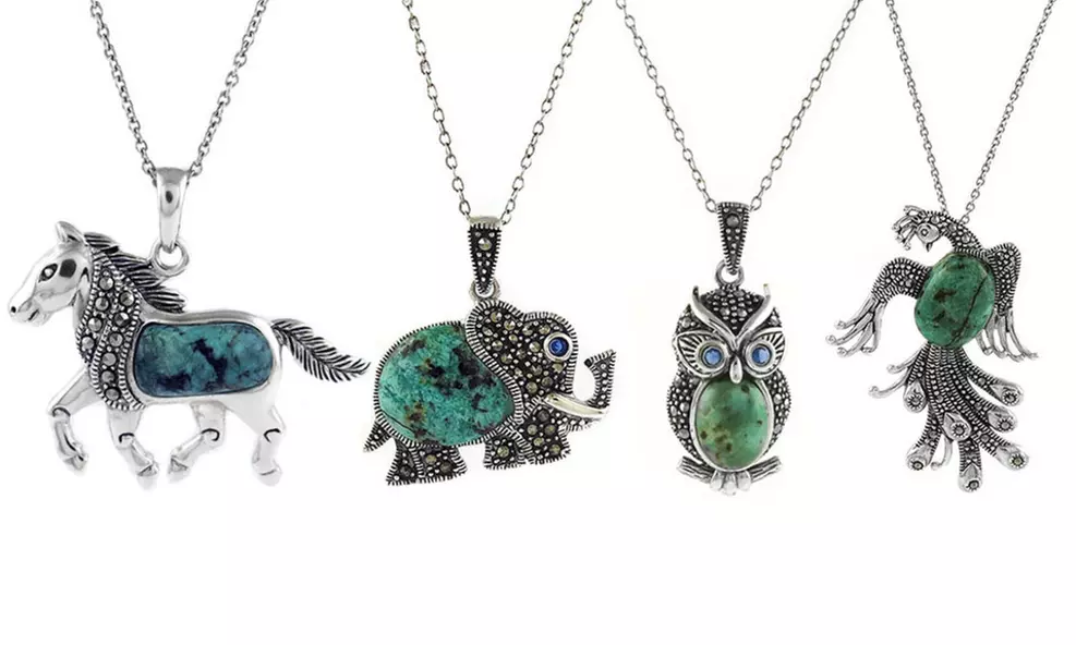 Sterling Silver Turquoise and Marcasite Necklace by Valencia Gems - Primary Image