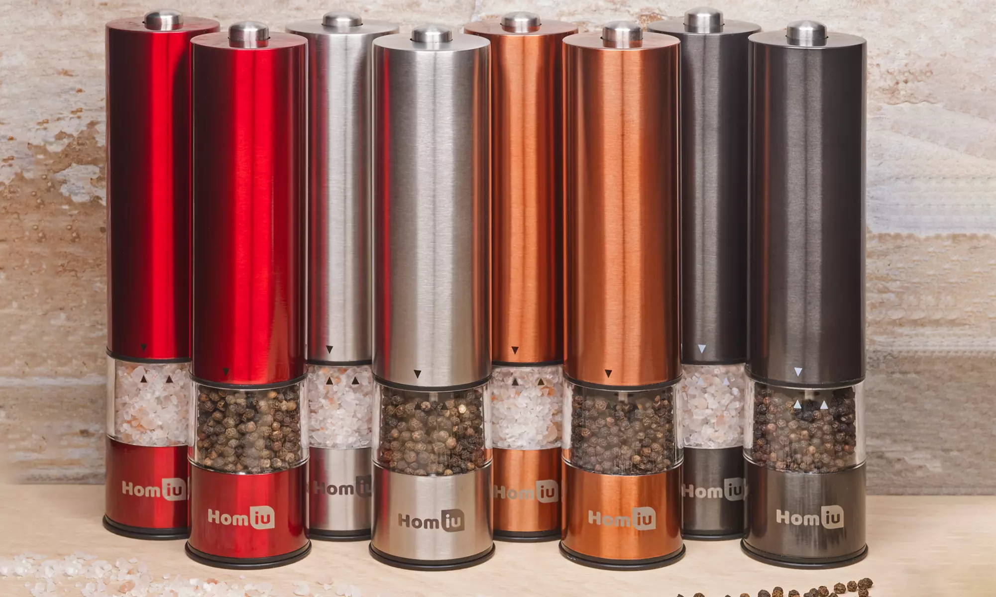 Homiu One Touch Edelstahl elektronische Salz- & Pfeffermühle mit verschiedenen Mahlstufen und Licht, mit/ ohne Ständer - Primary Image