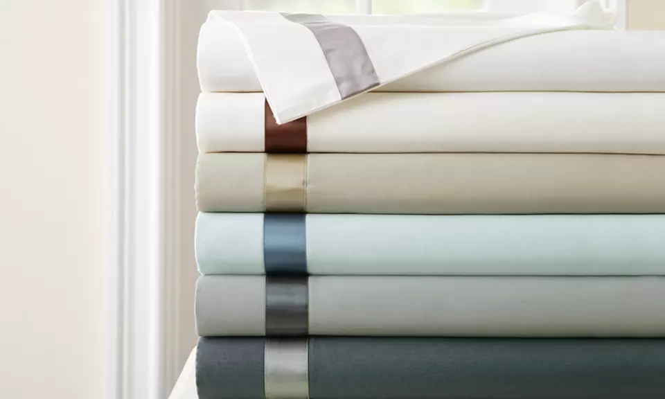 400-Thread-Count Fine Linens 100% Egyptian-Cotton Sheet Set with Satin Band Accent - Primary Image