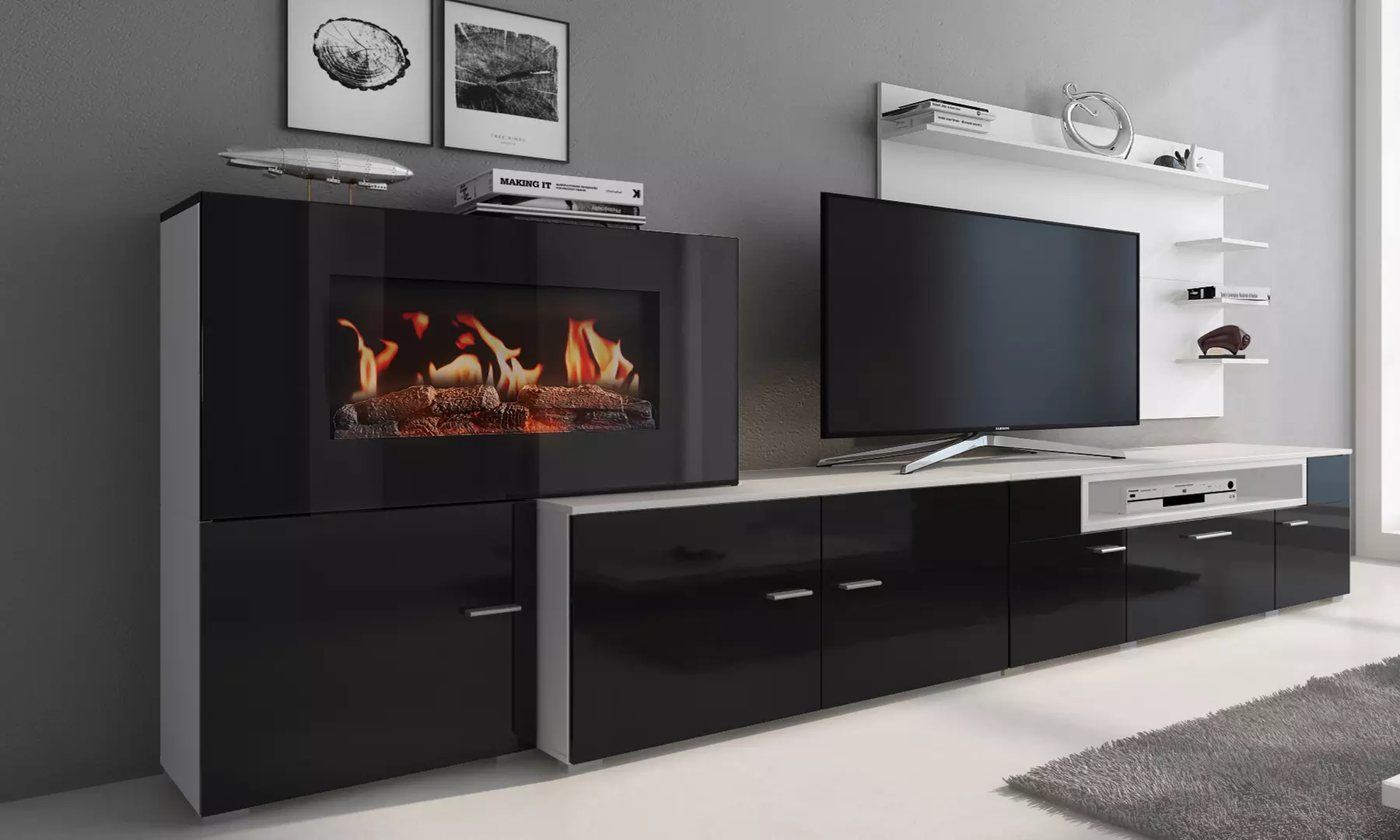 Meuble salon "Olympo" avec cheminée électrique à 5 niveaux de flamme