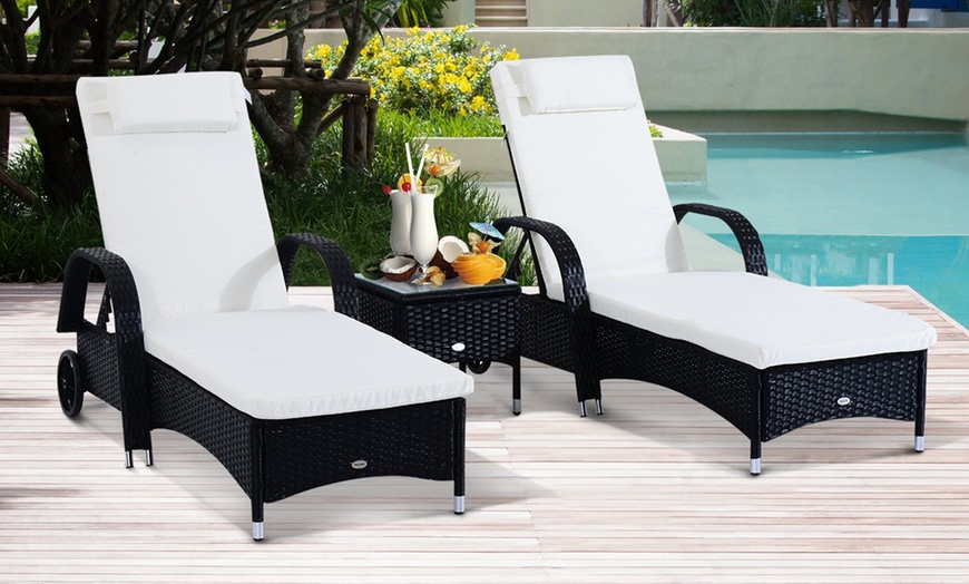 Image 1: Outsunny Set of Two Sun Loungers with Cushions and a Table