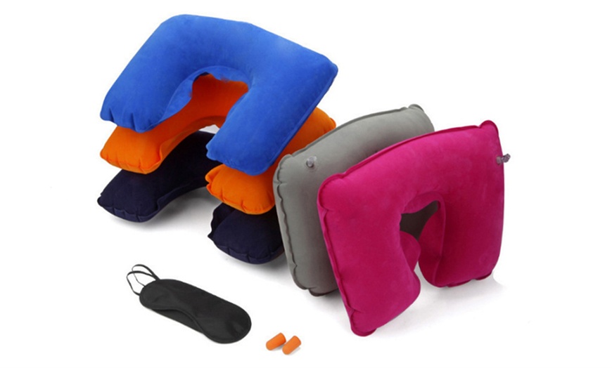 Image 1: Three-Piece Pillow, Earplugs and Eye Mask Set