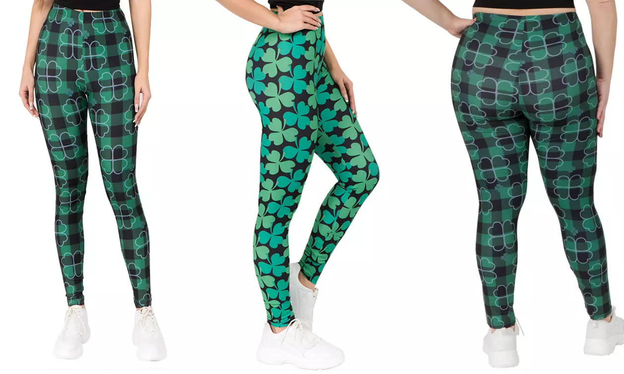 Style Clad Women's St Patrick's Day 4-Leaf Clover Leggings. Plus Size Available. - Primary Image