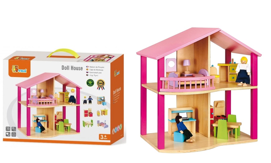 Image 1: Viga Toys Kids' Wooden Dollhouse with 24-Piece Furniture and Doll Set