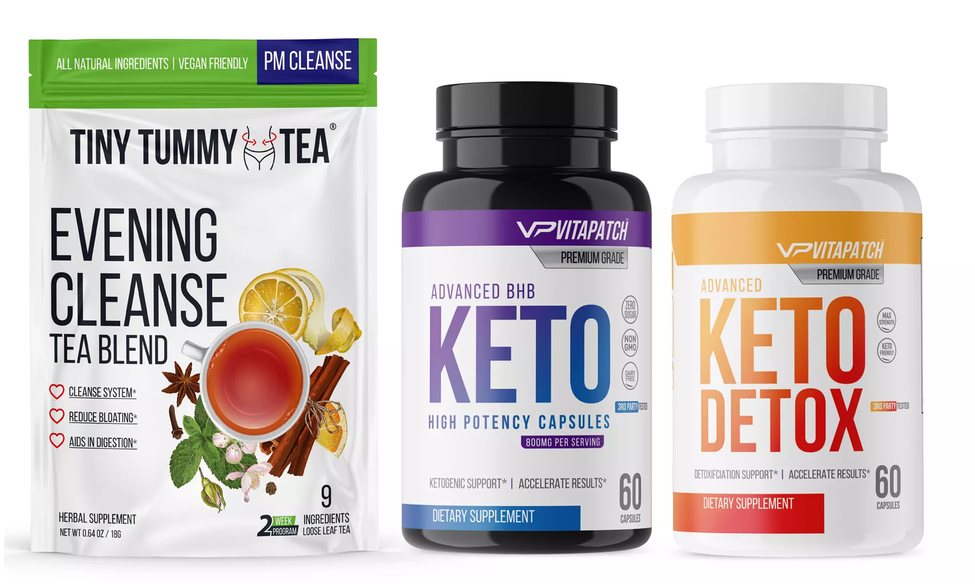 VitaPatch Tiny Tummy PM Cleanse Tea, Keto BHB, and Keto Detox Supplement (3-Pack) - Primary Image